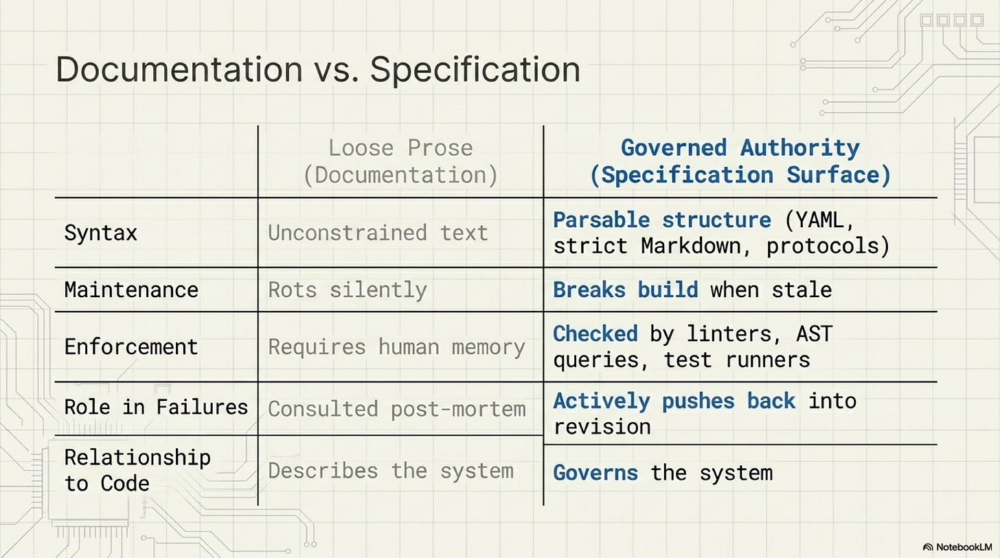 Documentation explains the system, while governed specification changes how the system is controlled Documentation explains the system, while governed specification changes how the system is controlled