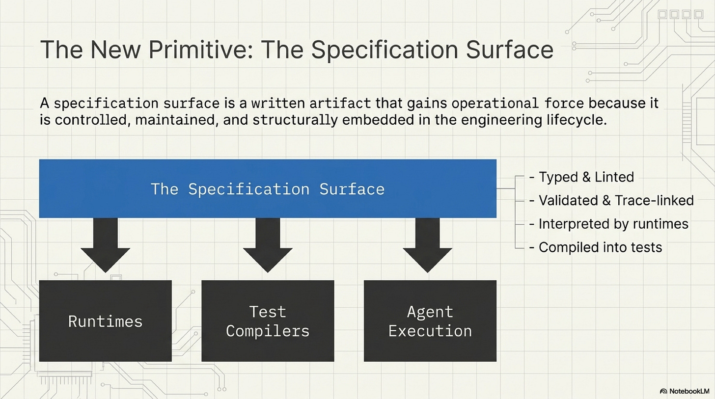 A specification surface gains force when tooling and teams can act on it A specification surface gains force when tooling and teams can act on it