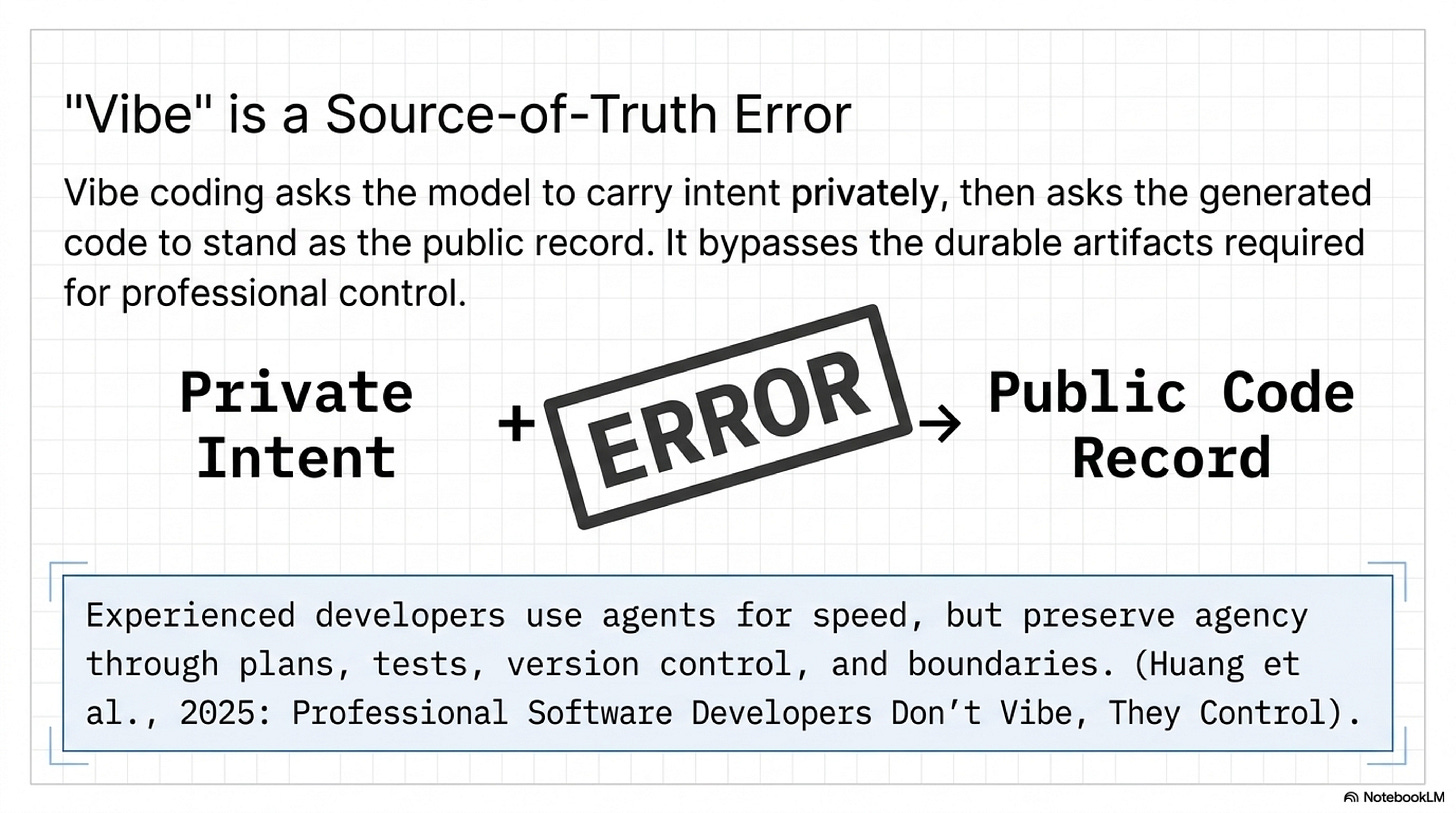 Vibe coding turns private intent into public code without a governed artifact in between Vibe coding turns private intent into public code without a governed artifact in between