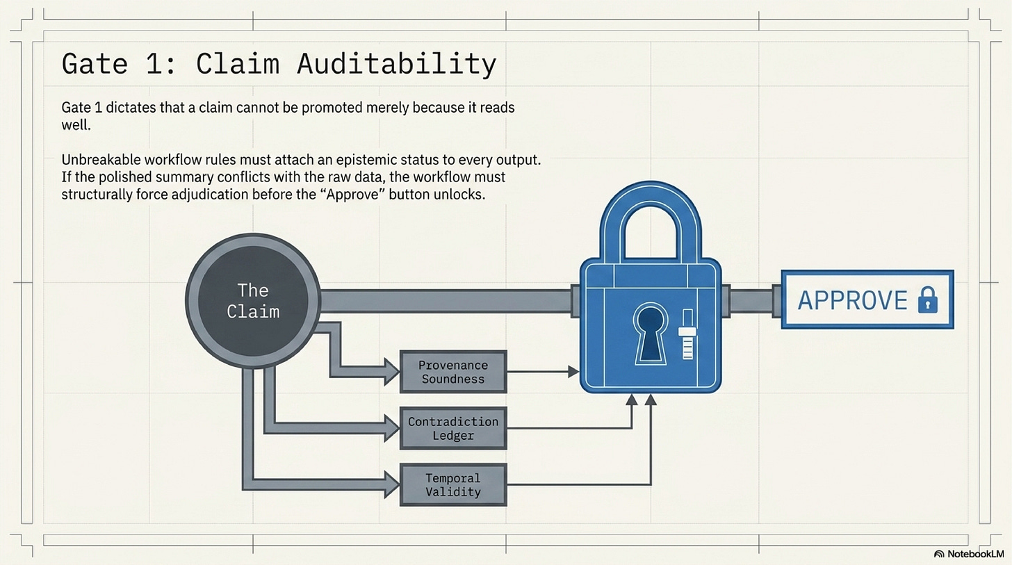 Gate 1: Claim Auditability. Tracing claims to contradiction-transparent evidence. Gate 1: Claim Auditability. Tracing claims to contradiction-transparent evidence.