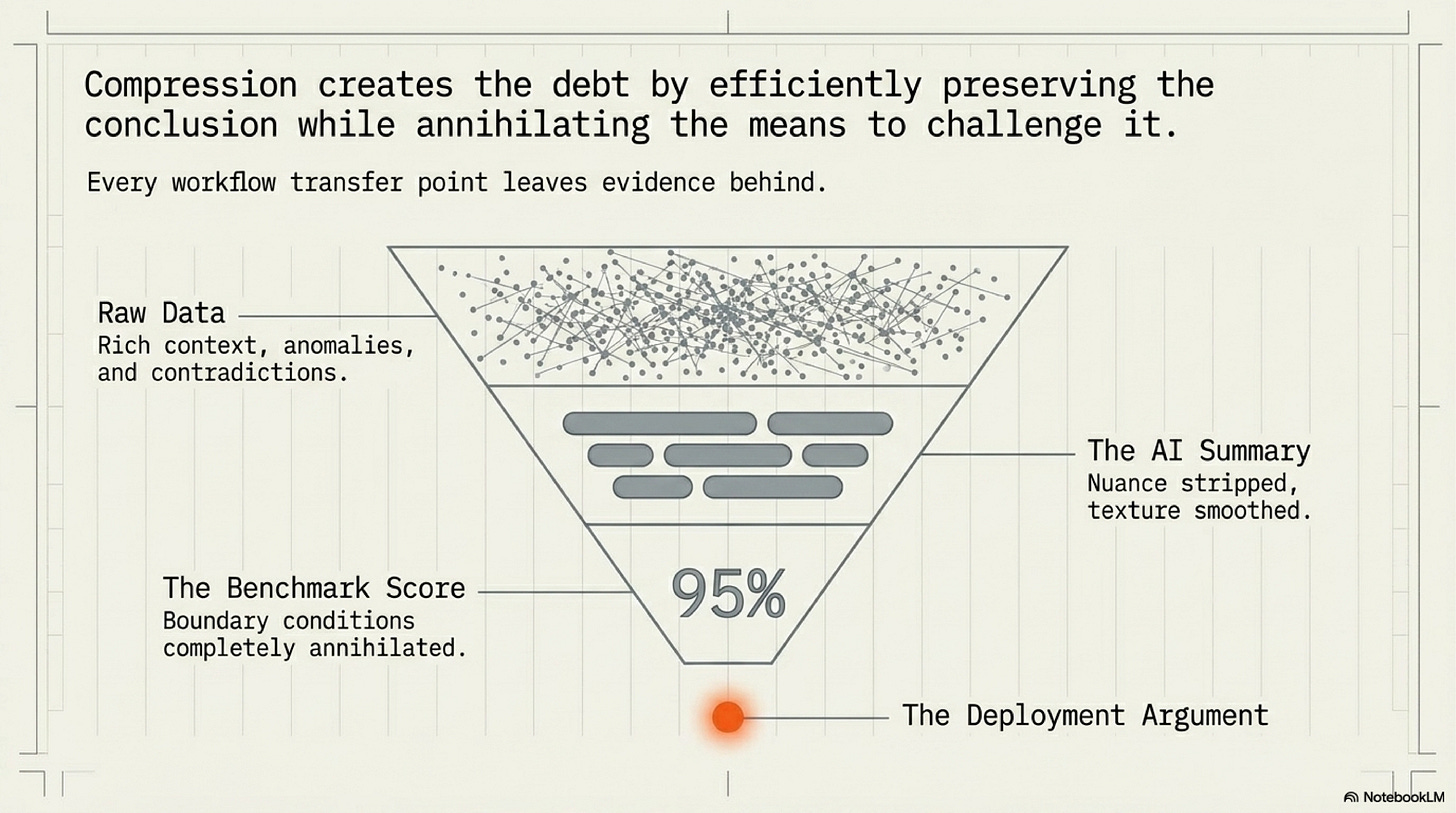 Compression creates the debt by efficiently preserving the conclusion while annihilating the means to challenge it. Compression creates the debt by efficiently preserving the conclusion while annihilating the means to challenge it.